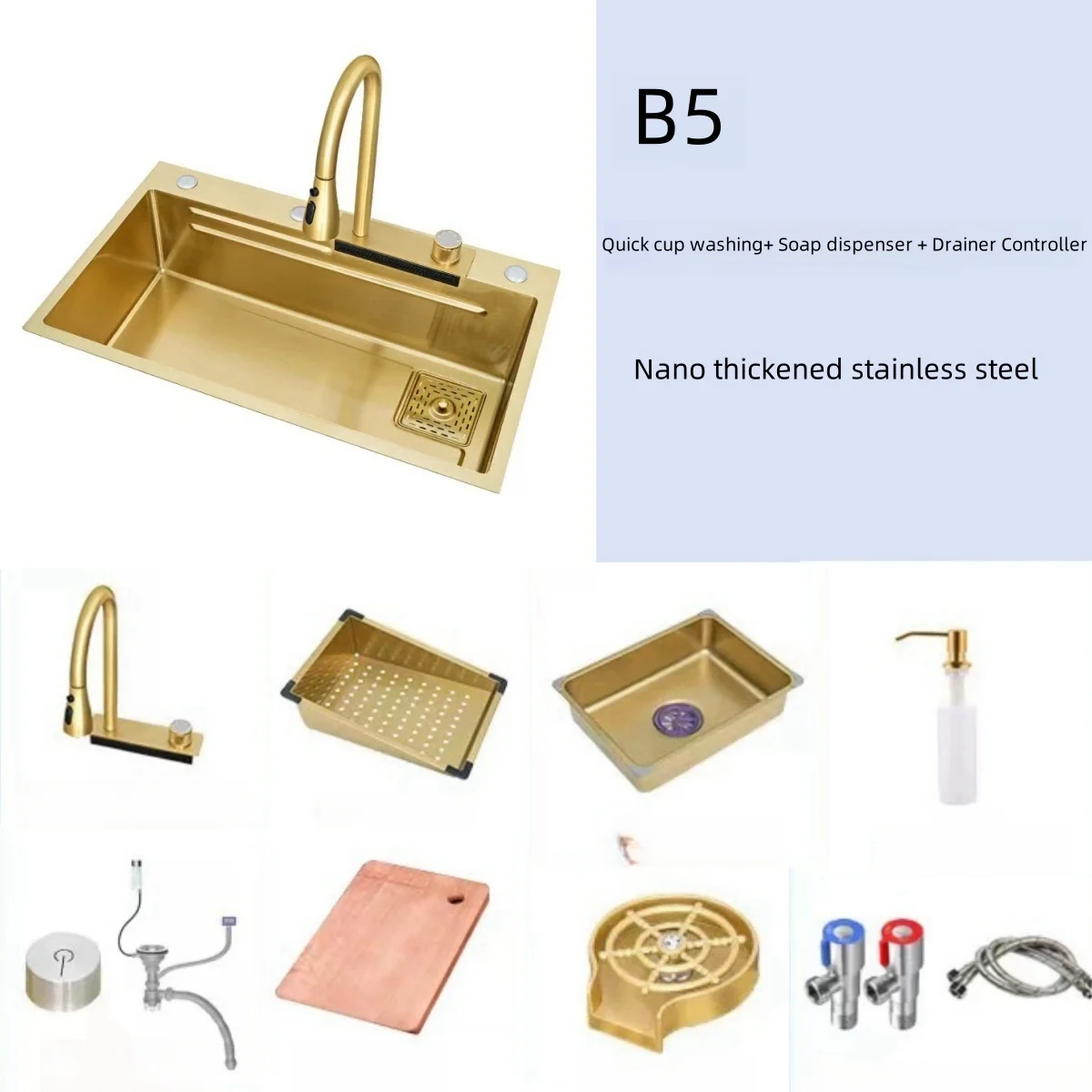 Machine-Made Stainless Steel Single Bowl Waterfall Kitchen Sink Four-Hole Top Mount with 3-Gear Pulling Faucet Modern Design