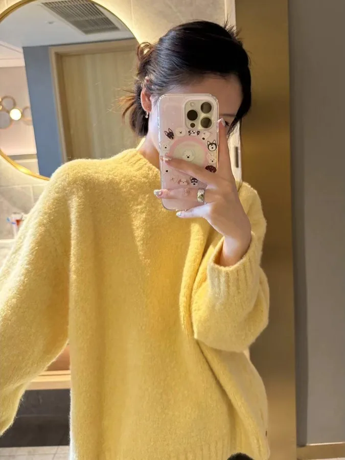 

Желтый свободный женский вязаный свитер Sweet Sle Fufu Lazy Top Inner Wear Красивая осенне-зимняя модная корейская система