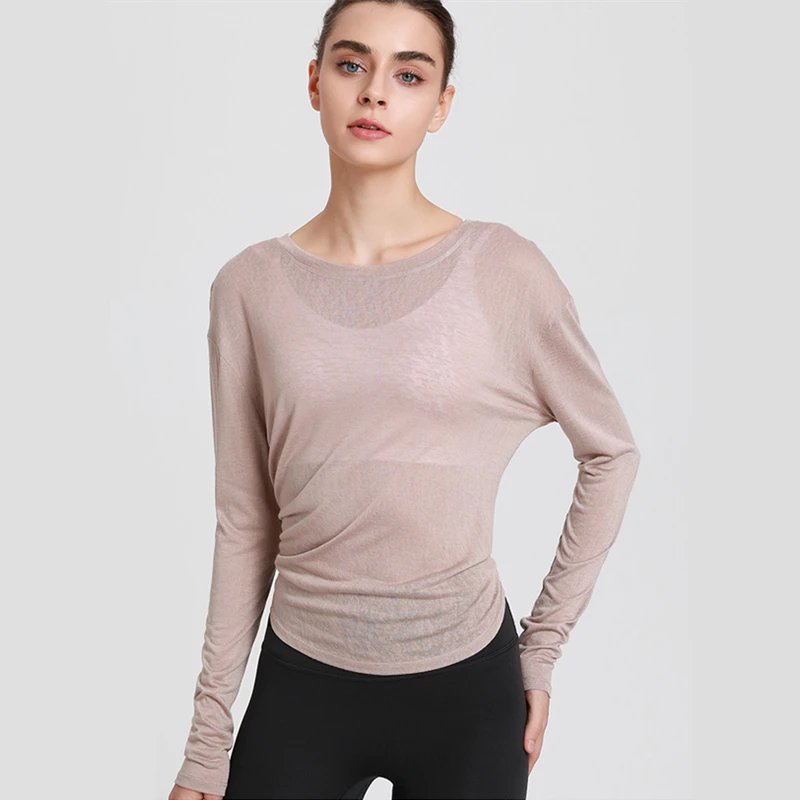 Women Yoga Shirts Loose Thin Sport T-shirt Bandage Long Sleeves Running Sweatshirts Girls Anti-UV Forked Gym Fitness Tops Blouse