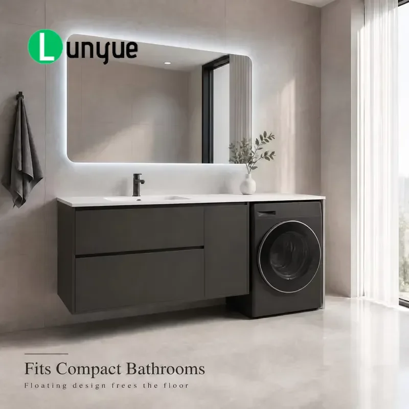 Modern Rock Slab Balcony Washing Machine Sink Combo Cabinet Curved Edge Bathroom Washbasin Custom Furniture Set Durable