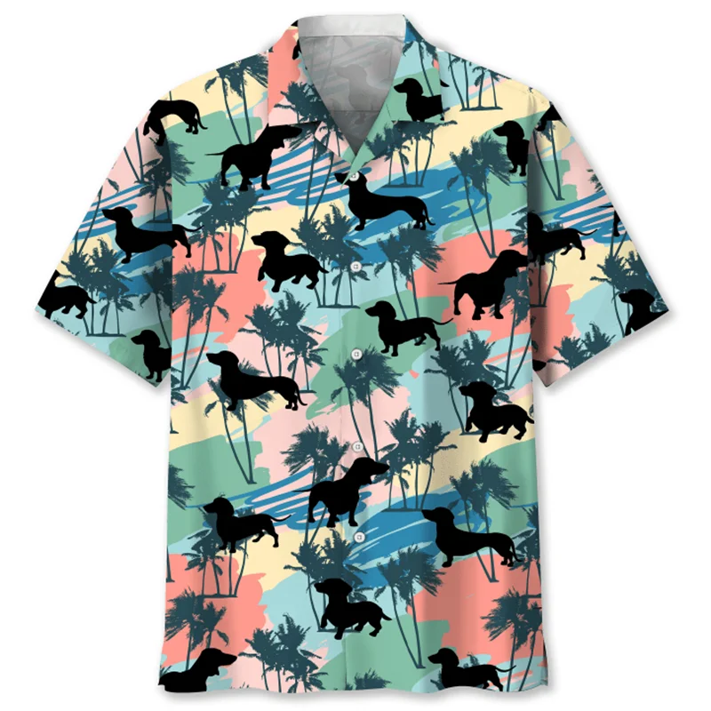 Cartoon Dachshund Dog 3d Printed Shirt For Men Animal Pets Graphics Short Sleeves Hawaiian Shirts Tops Loose Lapel Blouse