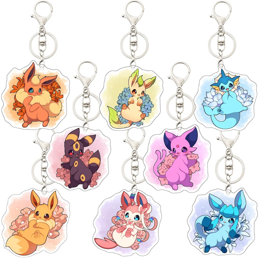 Pokemon Sylveon Vaporeon Eevee Jolteon Glaceon Leafeon Espeon Flareon Flower Series Acrylic Keychain Decoration Accessories