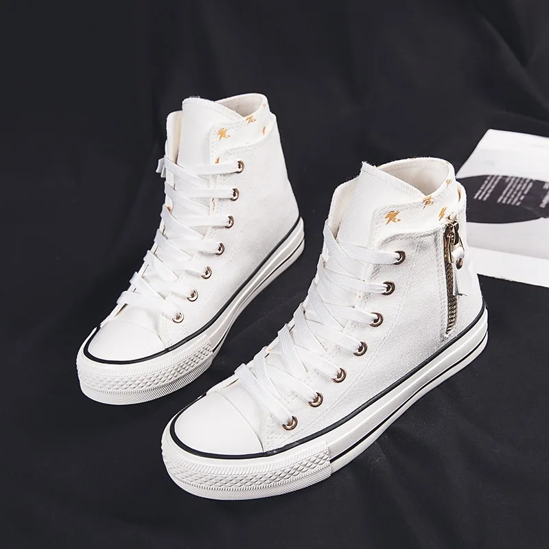 

High-top Canvas Shoes for Women Fashion Casual Mid-Top Flat Women's Sneakers Designer Side Zipper Woman's Shoes Zapatos De Mujer