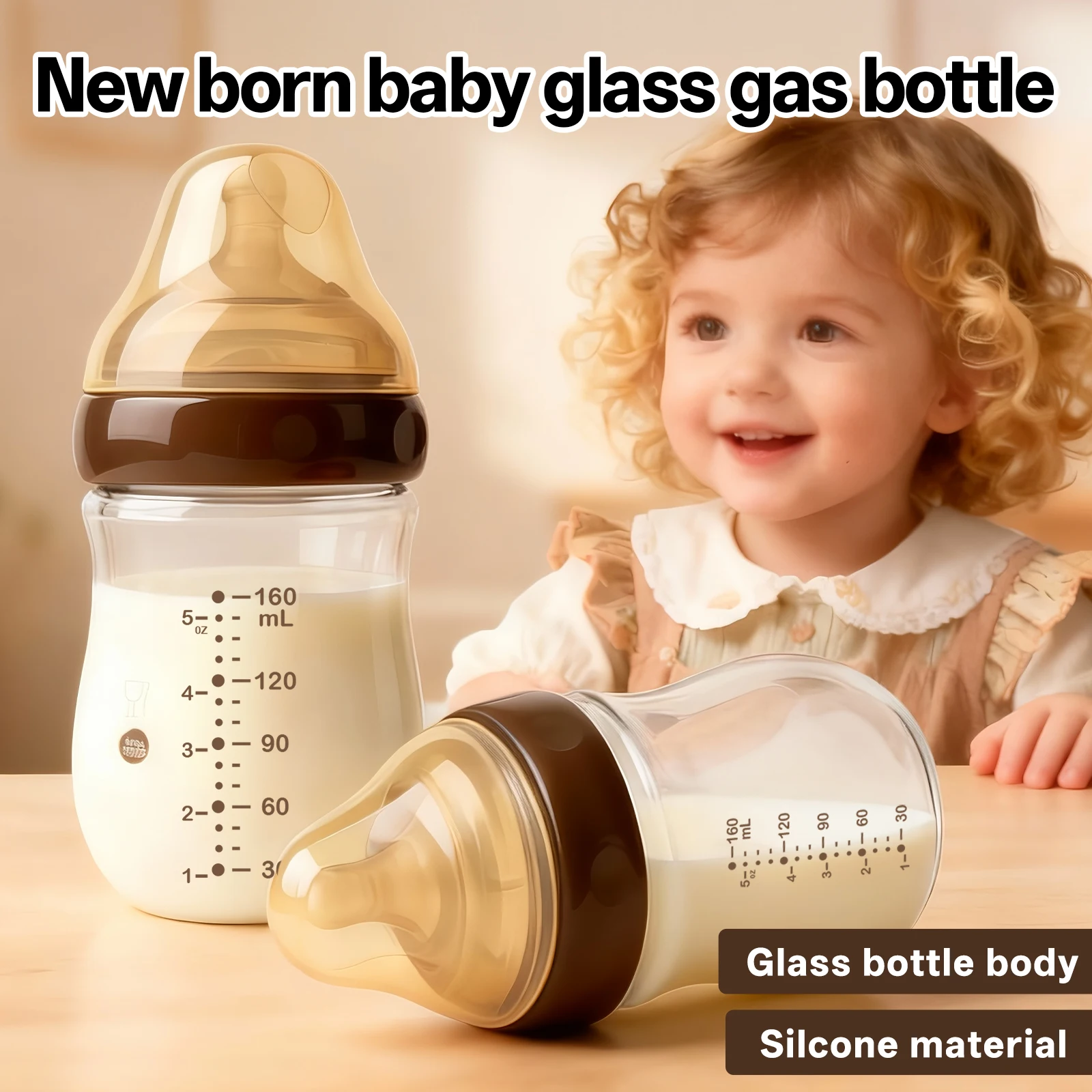 

Newborn Anti Colic Wide Neck Glass Baby Bottle 0 1 Year BPA Free Breast Like Silicone Nipple High Borosilicate Glass