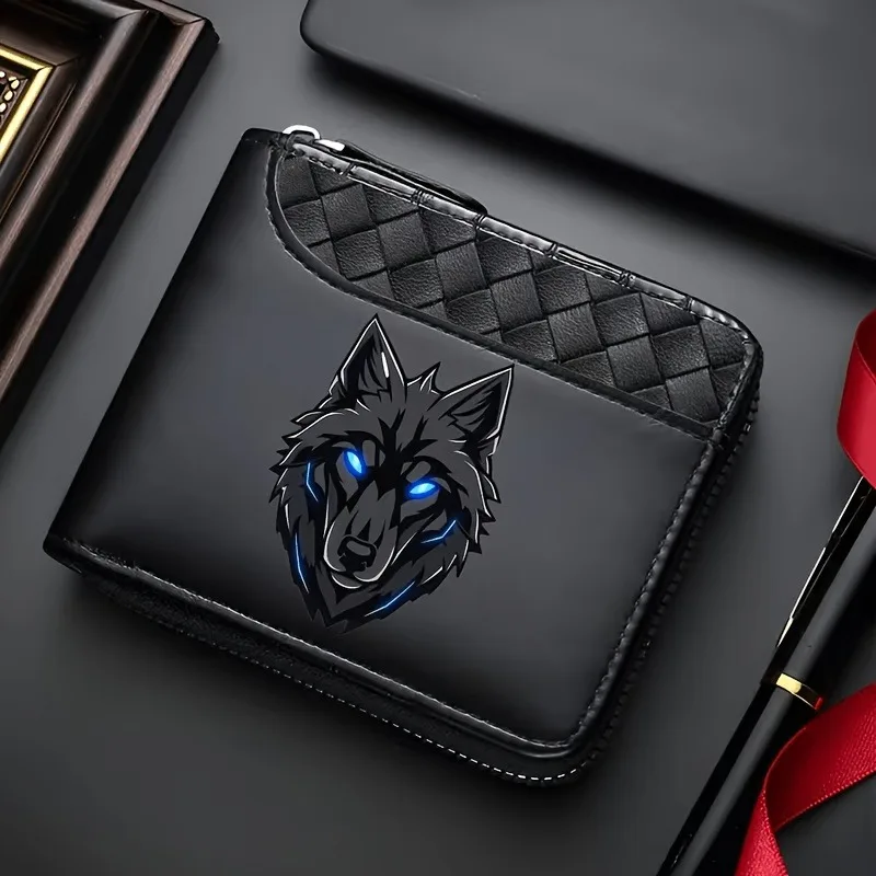 1PC Cool Blue Eye Wolf Head Print Men's Zipper Wallet Diamond Pattern Splicing PU Leather Multi-Card Large Capacity Coin Case
