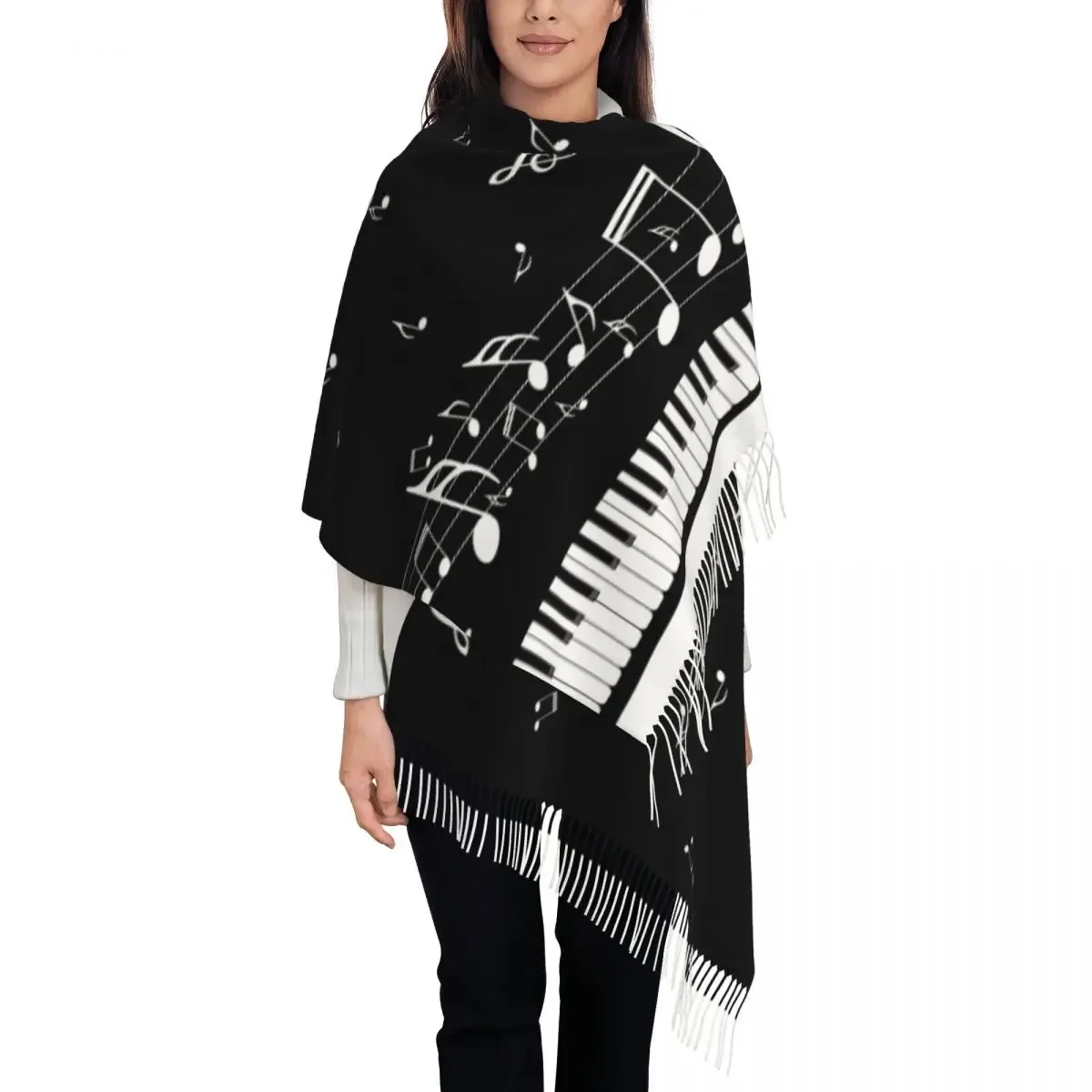 Abstract Piano Keys With Musical Notes Women's Tassel Shawl Scarf Fashion 