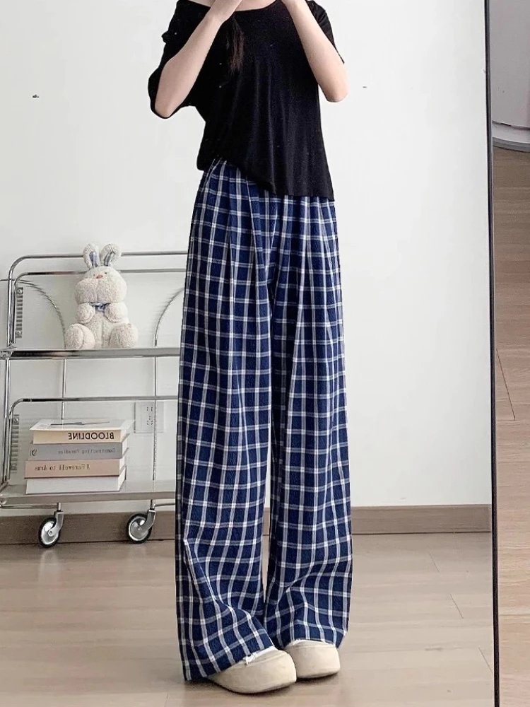 Deeptown Blue Plaid Women Pants Vintage Harajuku Oversized Wide Leg High Waist Straight Trousers Korean Fashion Jogging Casual