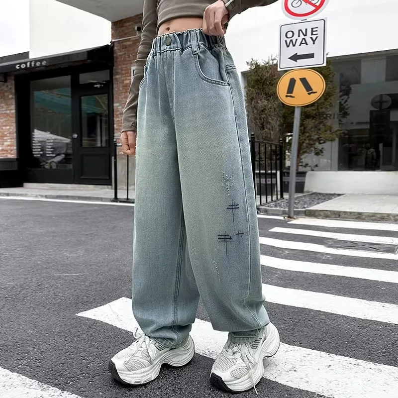 Kids Girl Stylish Loose Straight Ripped Jeans Children Vintage Blue Relaxed Fit Spring Autumn Denim Pants For Tweens Teenager