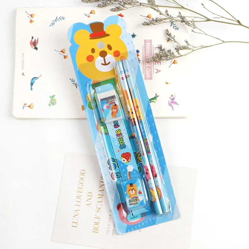 5pcs Cartoon Rabbit Stationery Set Pencils Eraser Ruler Pencil Sharpener Student Stationery Kit for Student