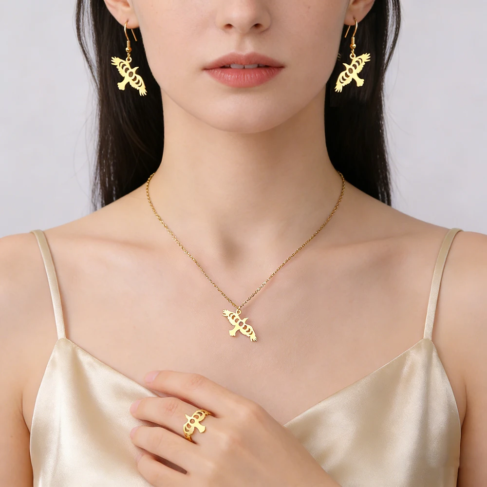 Dawapara Moon Phase Cutout Crow Necklace Earrings Ring Raven Jewelry Set Good Luck Mythical Creatures Pendant Stainless Steel