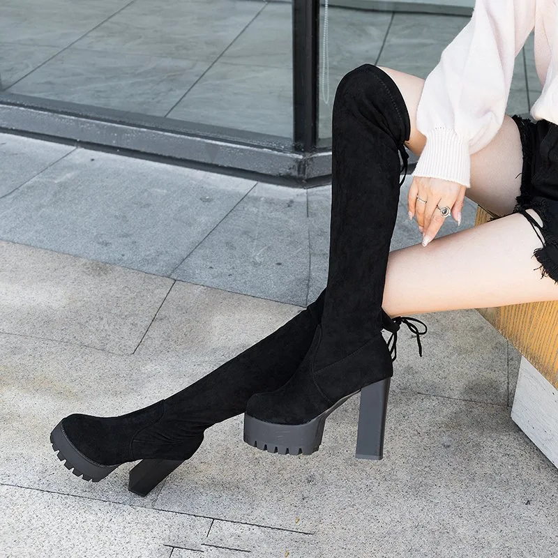 Female 2023 Autumn/Winter New High Heel Small Waterproof Platform Elastic Knee Length Boots