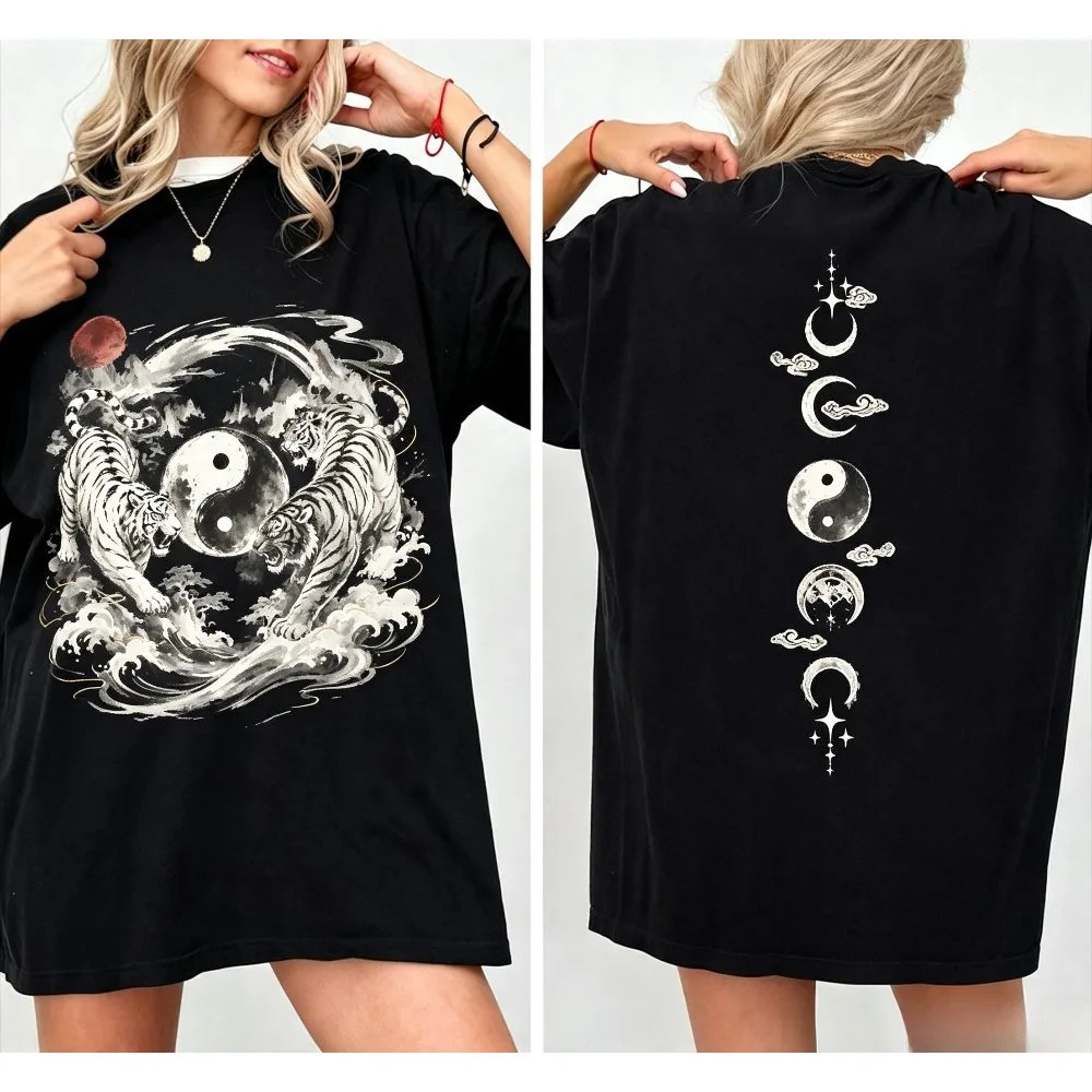 Oriental Ink Yin Yang Tiger Moon Phase Print Men Cotton T-Shirt Vintage Asian Graphic Casual Streetwear Tee