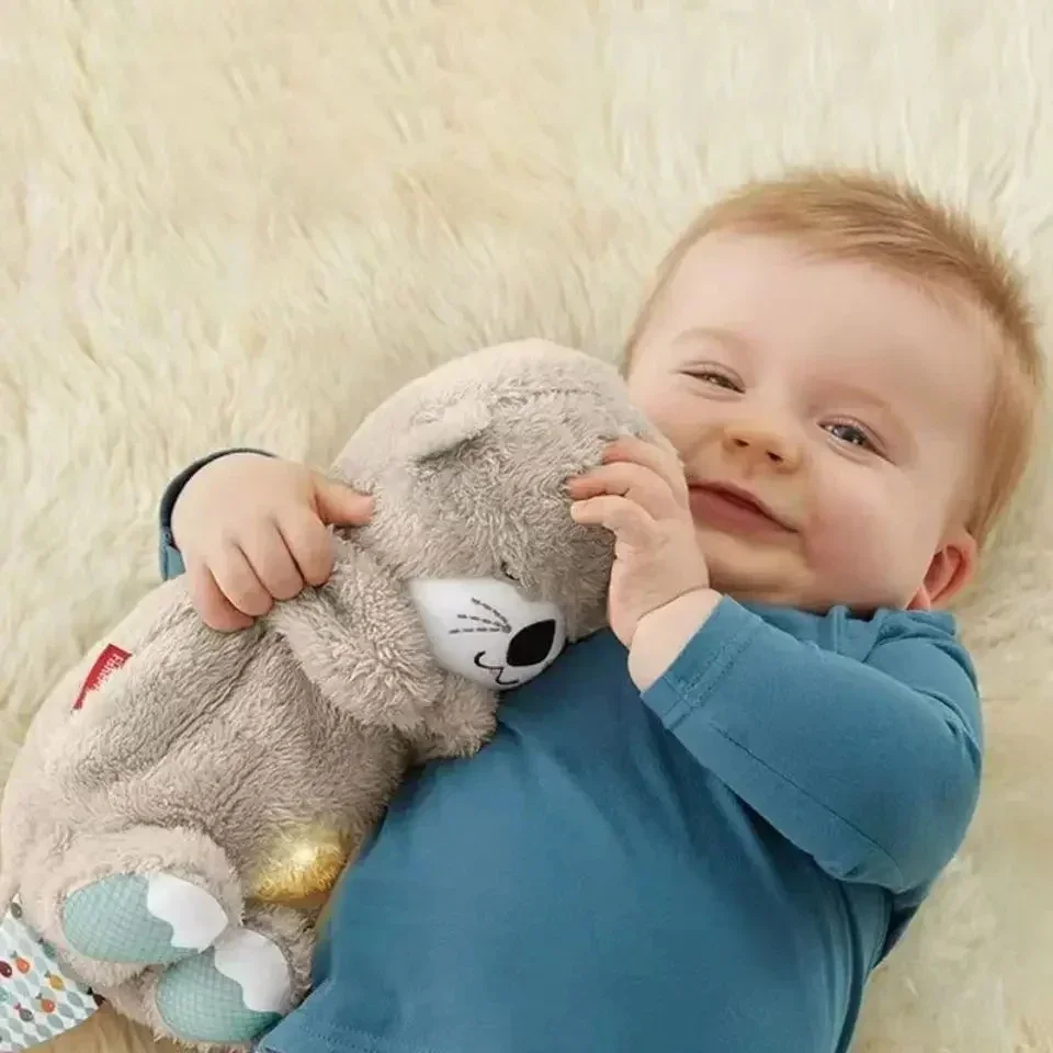 Bebê respirando urso boneca de pelúcia, lontra calmante, companheiro de música dormindo, som e luz, brinquedo presente para crianças