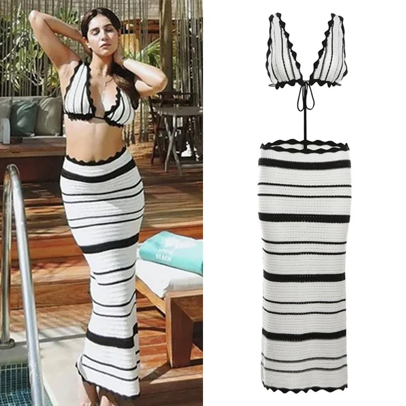 

Ladies Summer Knitted Beach Skirt Sets Women Sexy Backless Slim Bohemian Outfits Striped Holiday Two Piece Set Beachwear Female