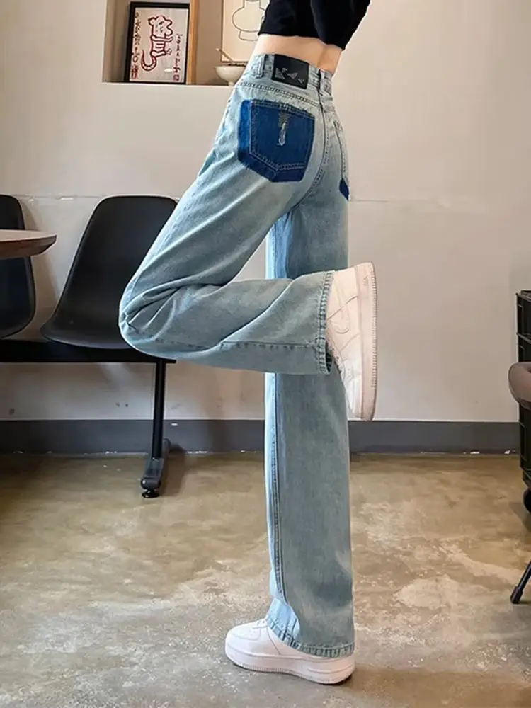 Beżowe, proste, eleganckie, postarzane jeansy damskie, nowość na wiosnę, klasyczne, z wysokim stanem, luźne, podstawowe, długie spodnie damskie z szerokimi nogawkami.