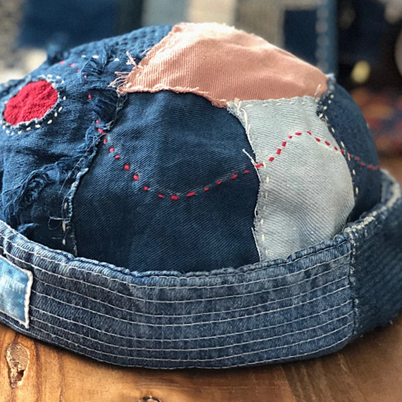 

Blue Dyed Vintage Handmade Fabric Covered Japanese Rolled Edges Embroidered Denim Hat Melon Skin Cap
