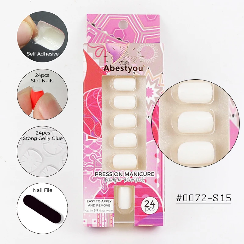 Abestyou 24pcs/pack Square Head Short Solid Pure Color Press On Acrylic Nails Sets Poly Gel Stickers File Tool Reusable Manicure