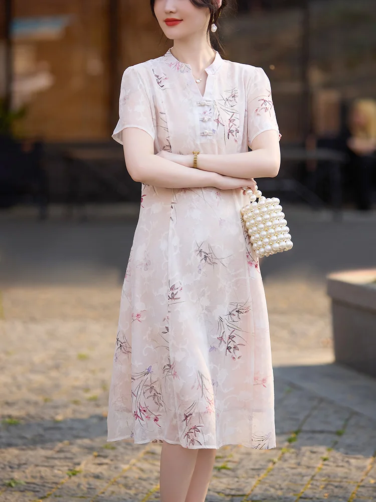 faionable-floral-print-midi-dr-mommy-summer-wear-knee-length-slimming-mid-aged-women's-clothing-mother's-day-special