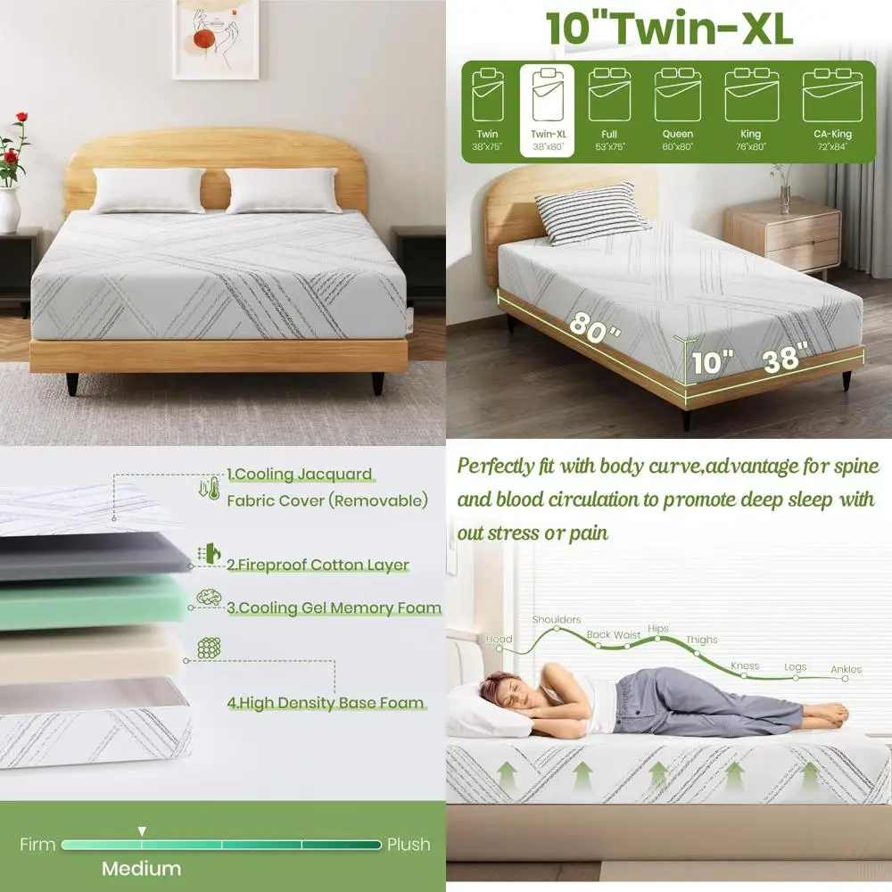 Cooling Gel Memory Foam XL Twin Mattress in a Box, 10 Inch Medium Firm, Removable Washable Cover, Ideal for Hot Sleepers