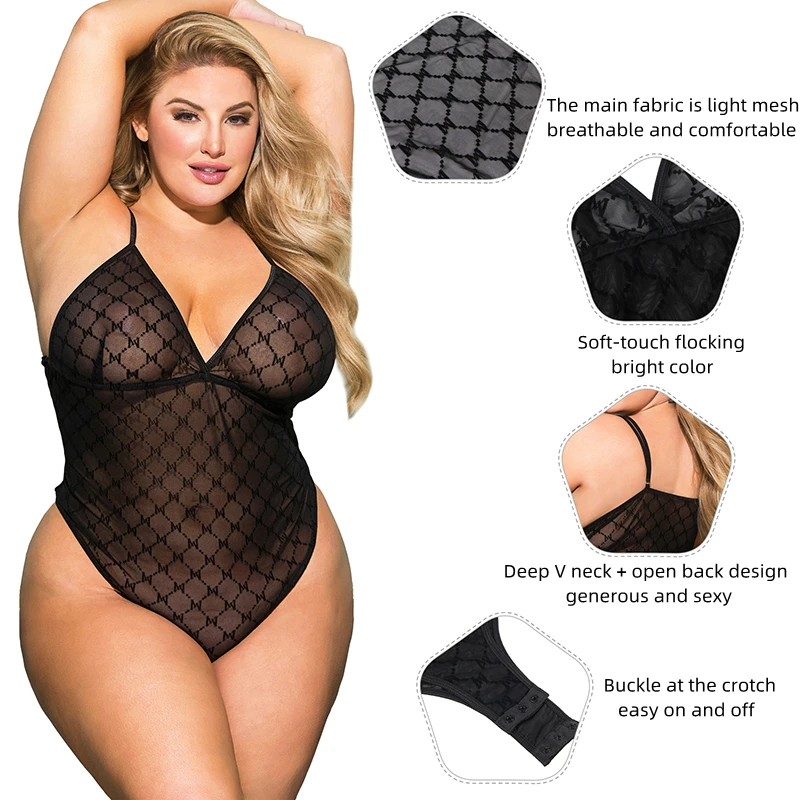 Ohyeahlady Soft Lace Jumpsuits Black Ladies Playsuit Sexy Oversized See Through Underwear Crotchless V Neck Comfortable Bodysuit