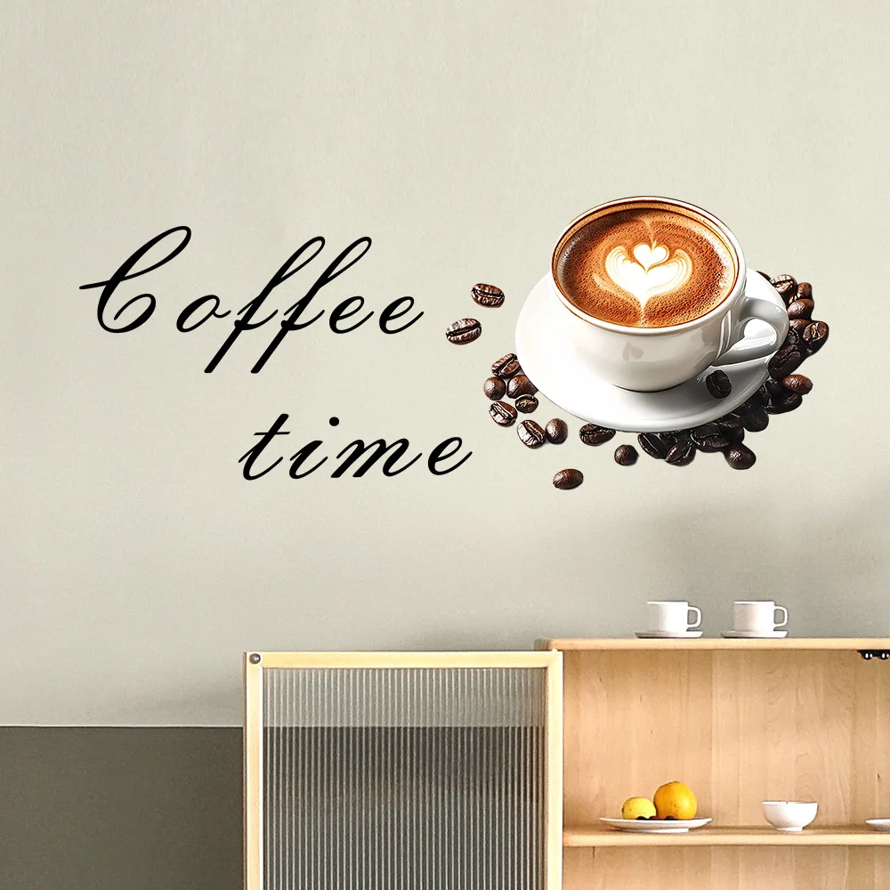 1PCS Painted English Slogan Coffee Time Coffee Cup Home Background Wall Decoration Wall Paste Self-adhesive