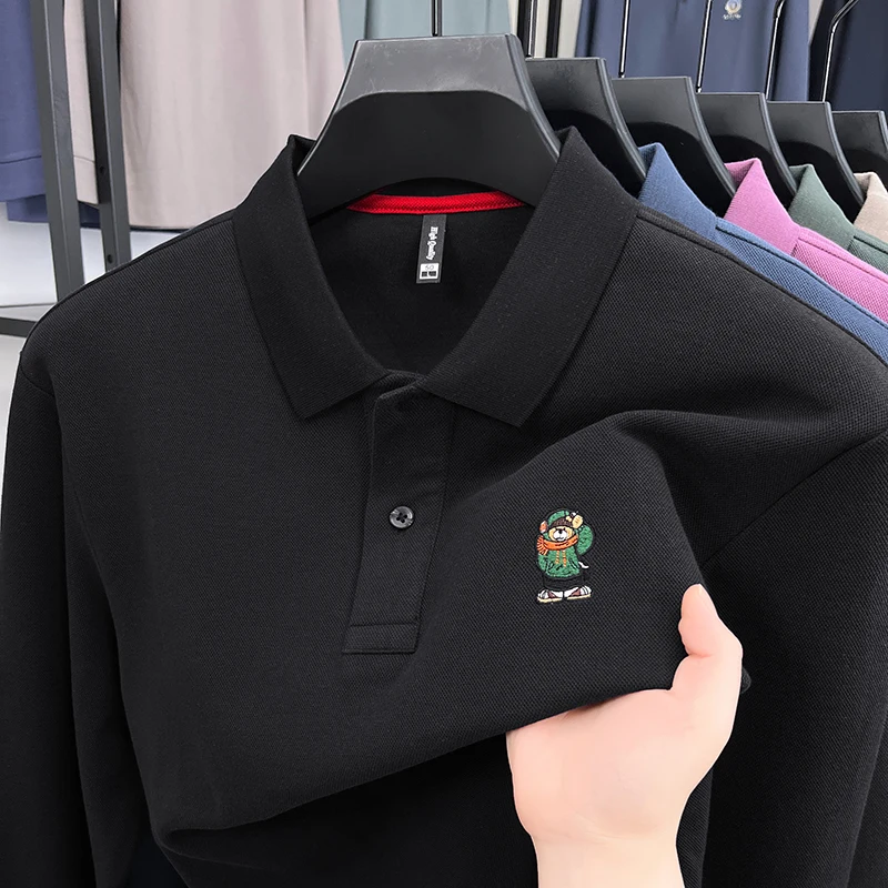 Man Luxury Original Autumn Hot 100%cotton Long Sleeves Polo Shirt British Style Lapel Tops Bear Embroidery Business Fashion Wear