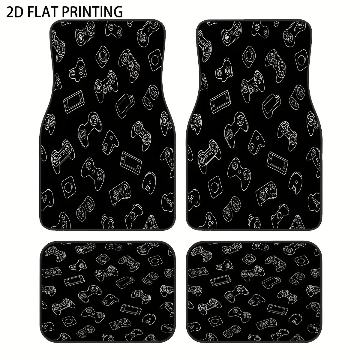4pcs Black Patterned Symbol Print Car Floor Mats, Made Of Universal Polyester Material, Suitable For All Seasons And Weather, Pr