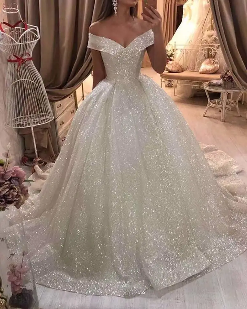 Open back Ball Gown Lace Wedding Dresses for Bride 2025 Off Shoulder A Line Princess Bridal Dress with Sleeve Train YX026