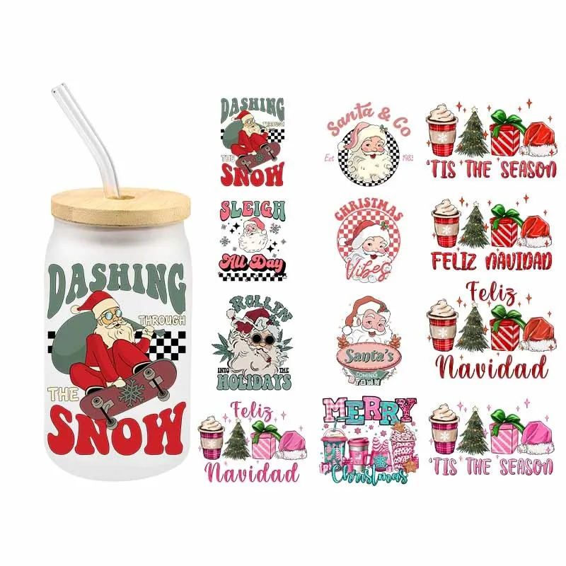 

6Pcs UV DTF Christmas Drink Coffee Transfer Funny Santa Claus Sticker Libbey Glass Cup 16 OZ Transfer Sticker Waterproof Decals