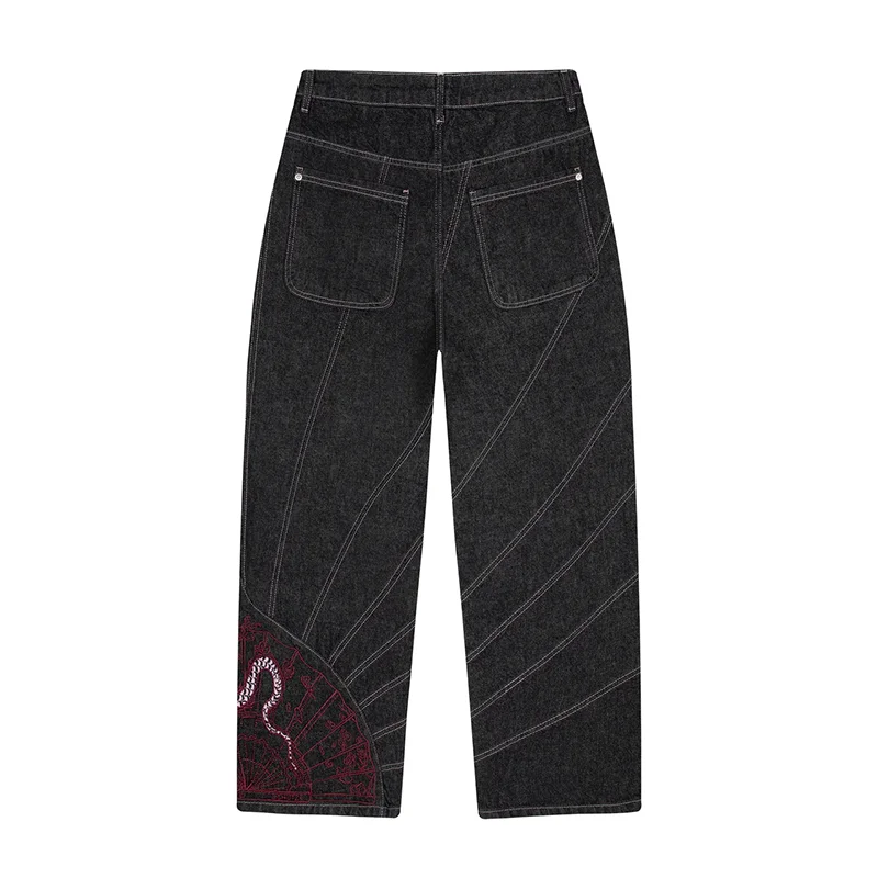 خمر التنين الأحمر الأزهار مروحة نمط التطريز عارضة فضفاض واسعة الساق الجينز Y2K الاتجاه الرجال النساء أزياء مريحة الشارع الشهير