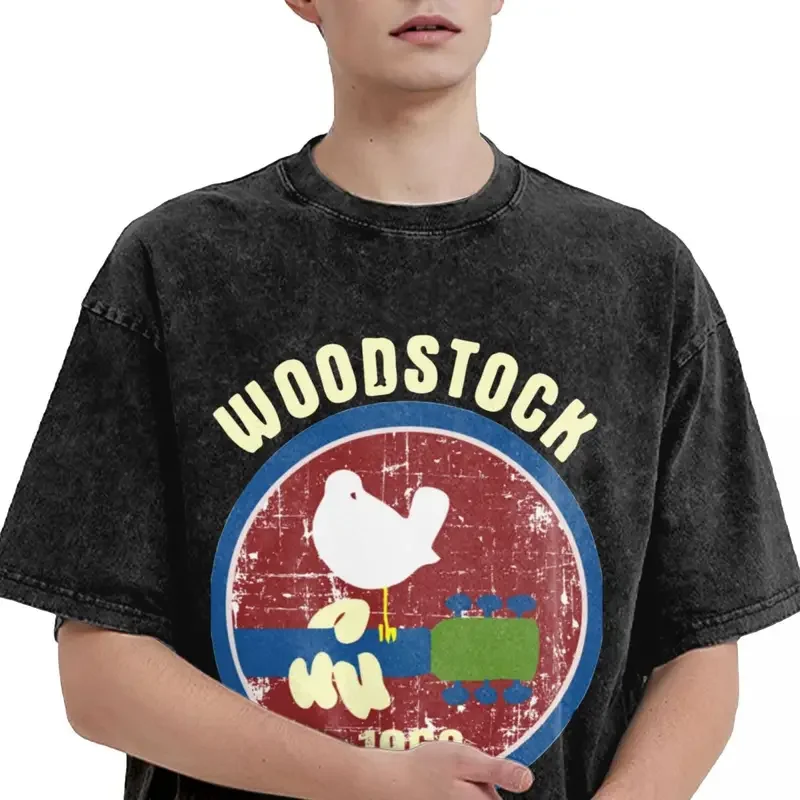 Ws Woodstock-Vintage masculino e feminino lavado camiseta de manga curta, tops de hip hop, streetwear Harajuku, camisas de verão, 1969