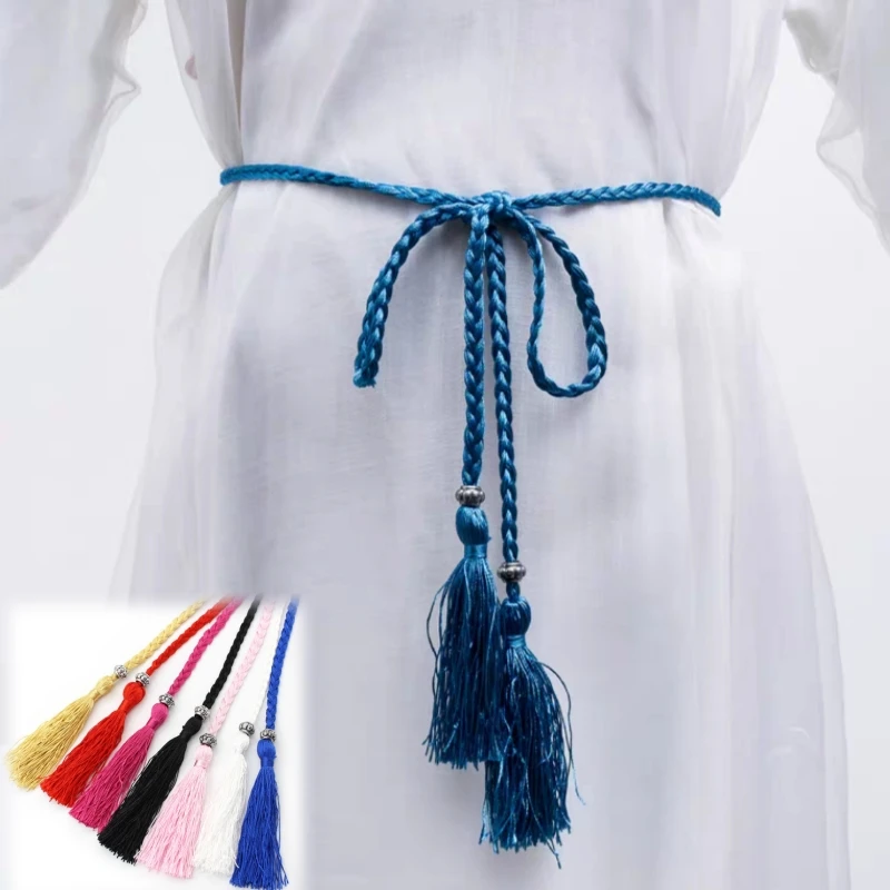 

7pcs Knitted Tassel Women's Belt Chinese Braided Woven Thin Corset Belt Knot Dress Decorated Waist Chain Waist Belt Rope New