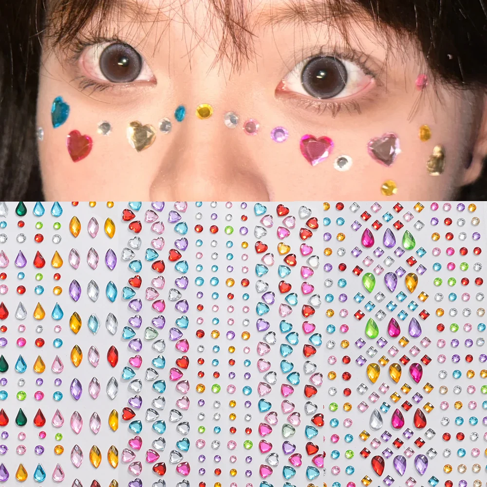 691PCS-3 blätter Gemischte Strass Gesicht Tattoo Aufkleber Bunte Herz/runde/Teardrop Design Selbstklebende Party Augen make-up Aufkleber – Detail 1