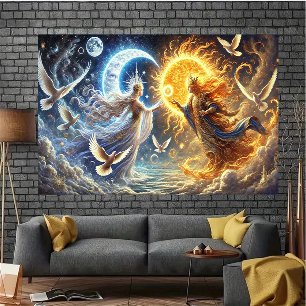Wandteppich mit Sonne und Mondgötchen, Fantasy-Mythologie, Kunst, spirituelle himmlische Dekoration, Wandbehang, Hexenzimmer, Yoga, Weltraumaltar, Geschenk