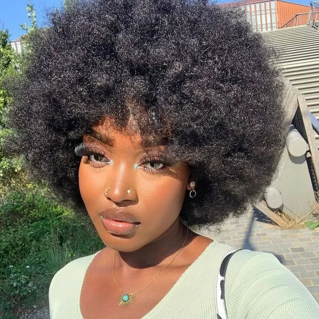 

Fluffy Afro Kinky Curly Human Hair Wig With Thick Bangs Natural Short Bob Wigs For Black Women 180% Density Full Machine Hair
