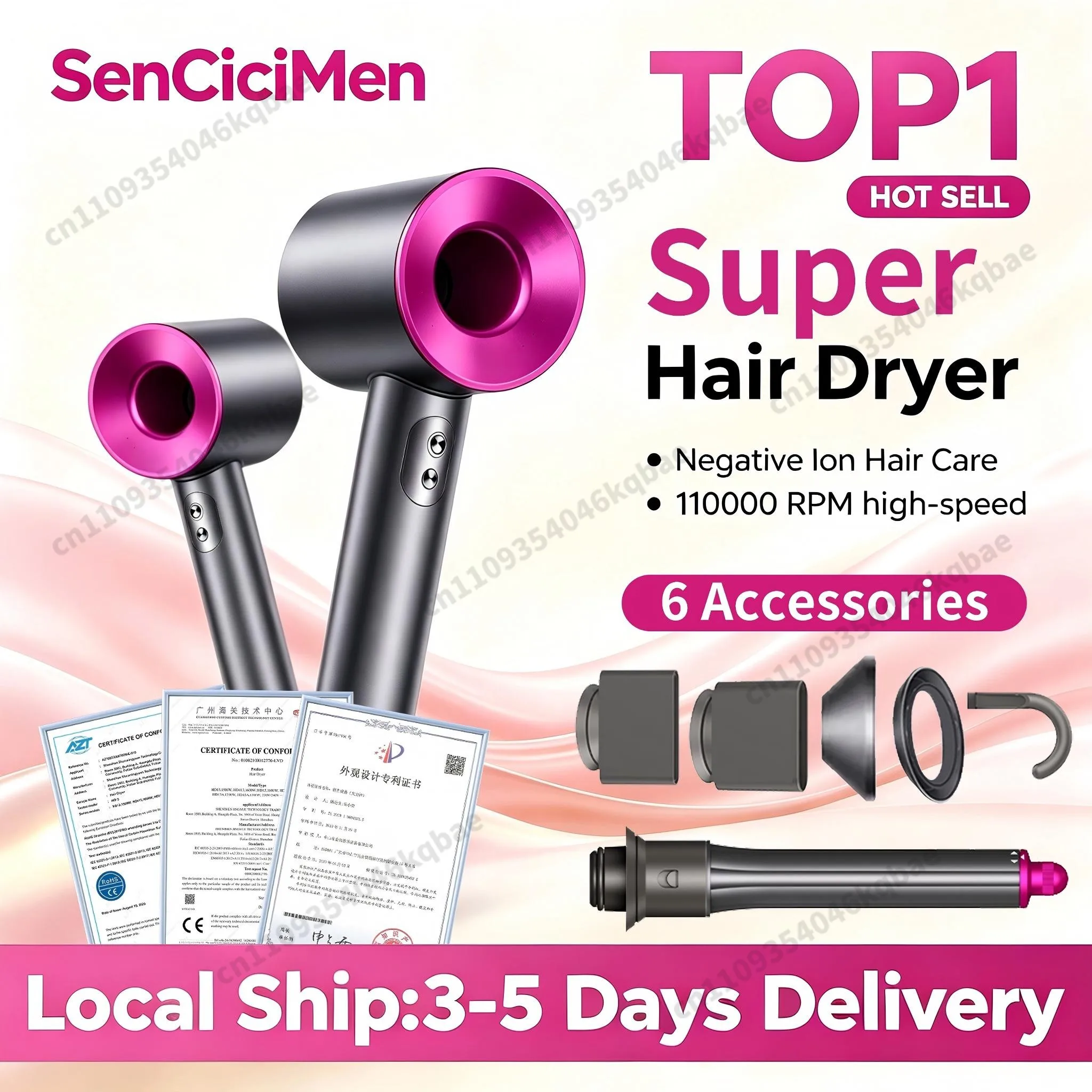 SenCiciMen 6-in-1 super haardroger met automatische krultang, negatieve ionen voor haarverzorging, krachtige föhn, huishoudelijke apparaten, stylingtools voor reizigers, cadeau voor vrouwen