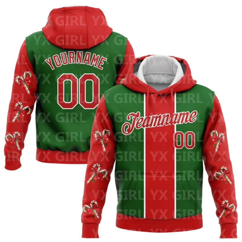 Custom Text and Numbers Red Kelly Green-White 3D Christmas Trees Sports Pullover Sweatshirt Hoodie Christmas Gift