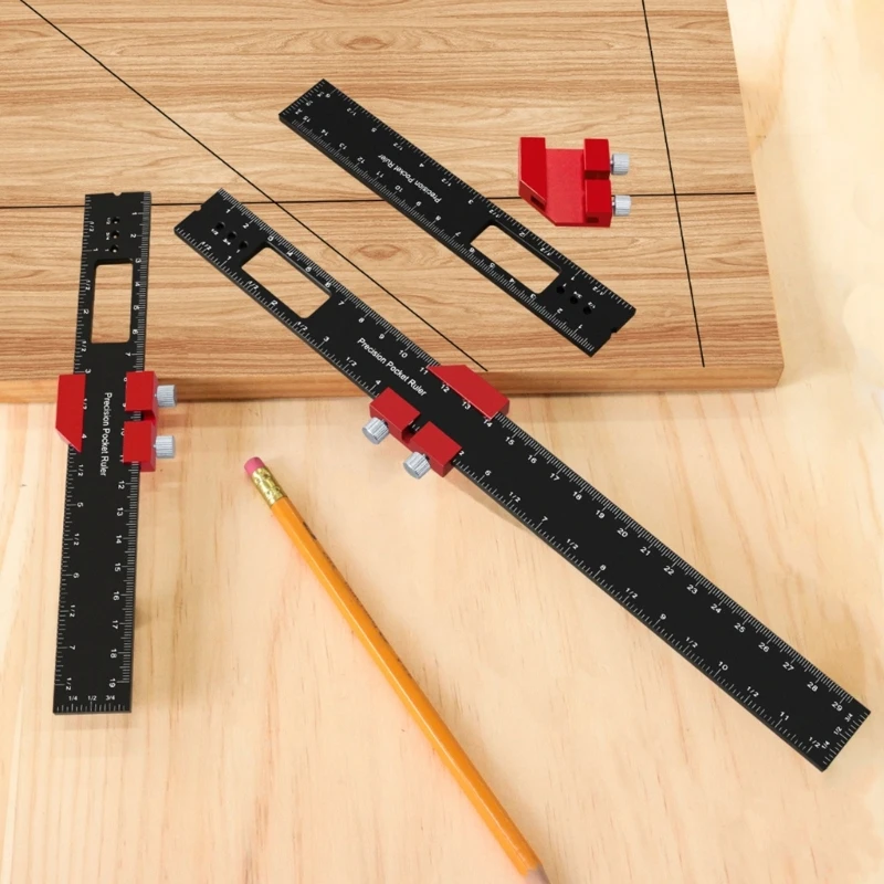 Aluminum Woodworking Rulers with Slide Stop Precisions Pocket Ruler Metal T Track Ruler Square Ruler Inch Metric Marking