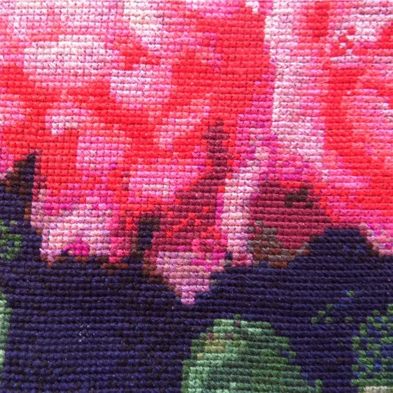 Handmade cross stitch finished product with blooming flowers, wealth, and colorful peonies competing for beauty. Six foot