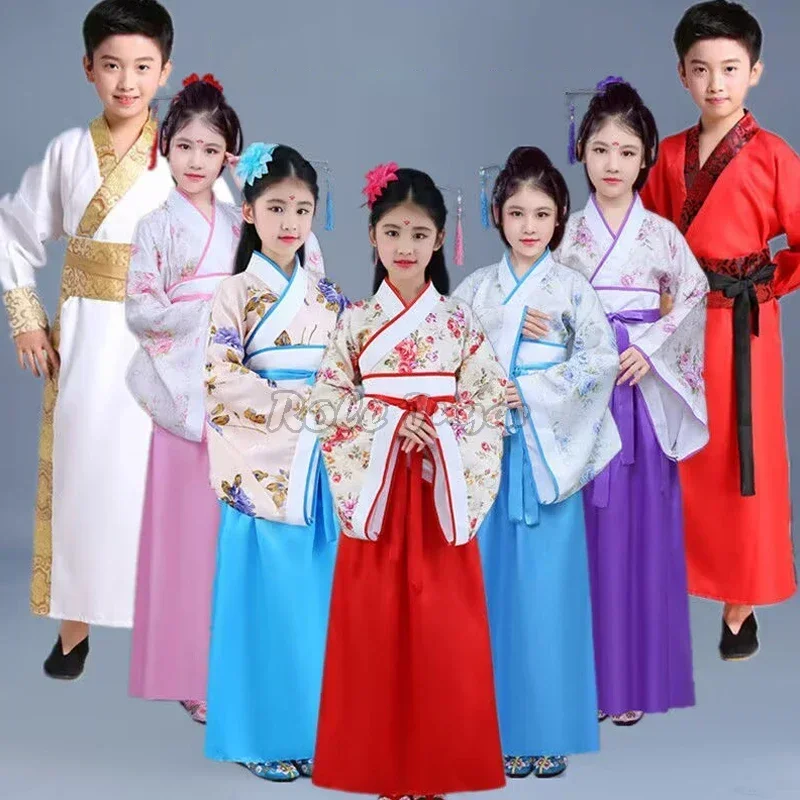 

Ancient Chinese Tang Costume Children's Holiday Stage Performance Outfts Boys Girl Chinese Traditional Hanfu Costume Satin Robe