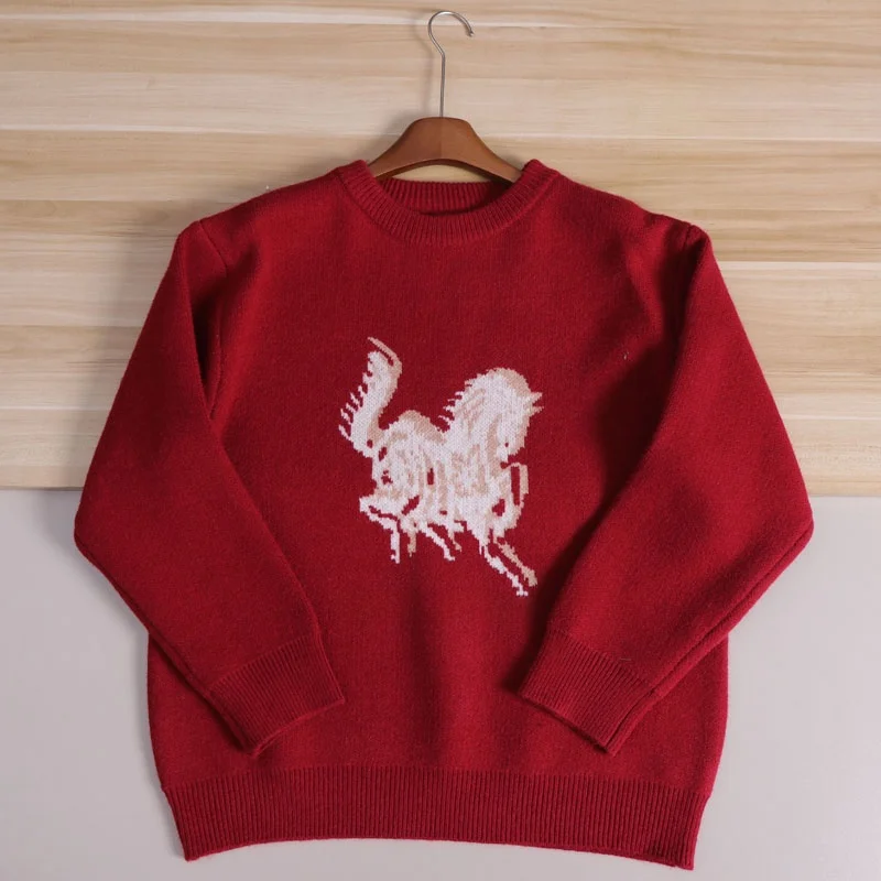 

Fashionable round Neck Knitted Sweater Men's Stylish All-Match Embroidered Red Year Design Casual Wear Daily Comfortable