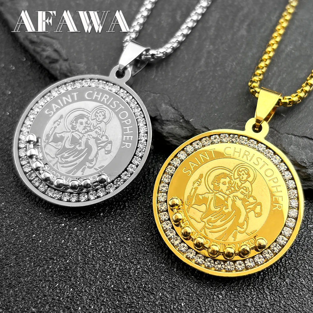 St. Christopher Jesus Necklace for Women Men Rhinestone Stainless Steel Gold Color Hip Hop Saint Medal Chain Jewelry colar