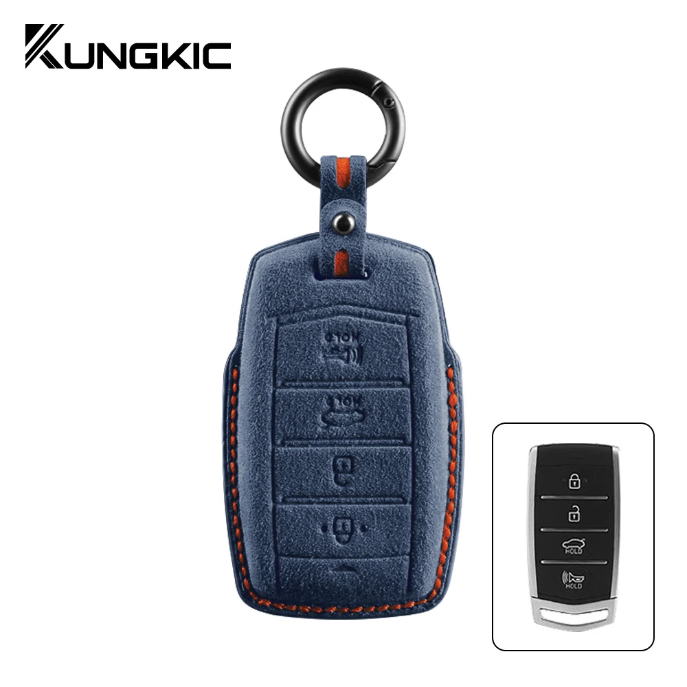 Italian Premium Suede For Hyundai Genesis G70 G80 G90 2017 2018 2019 2020 Car Remote Key Case Trim Cover Shell Fob Keychain