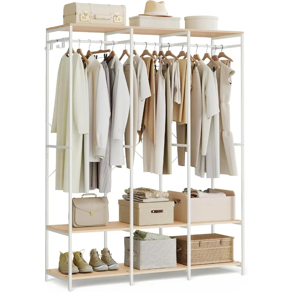 

Heavy Duty Iron and Wood Clothes Rack Organizer | Stylish Wardrobe Closet with Hanging Rods and Shelves