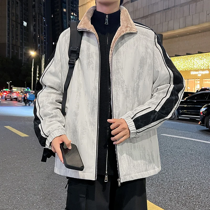 

Men's Fce Lined Jaet Loose Fit Stand Collar Warmth Youth Faion Polyester Fiber Winter Outerwear Cleanfit Zipper Closure