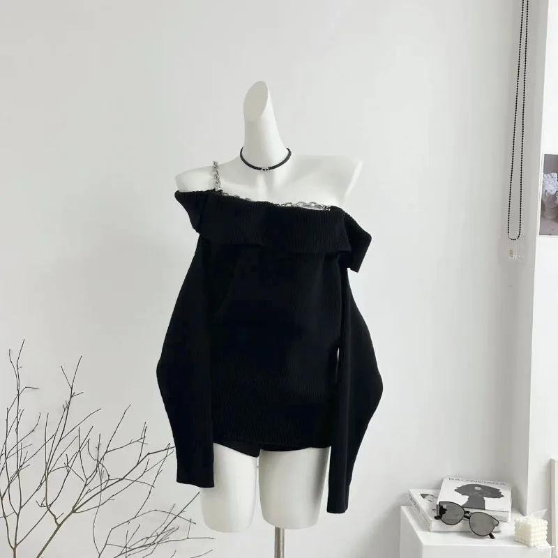 Y2K Sexy Off-the-shoulder Black Knit Sweater Autumn And Winter Loose Long-sleeved Vintage Asymmetrical Collar Women's Sweater