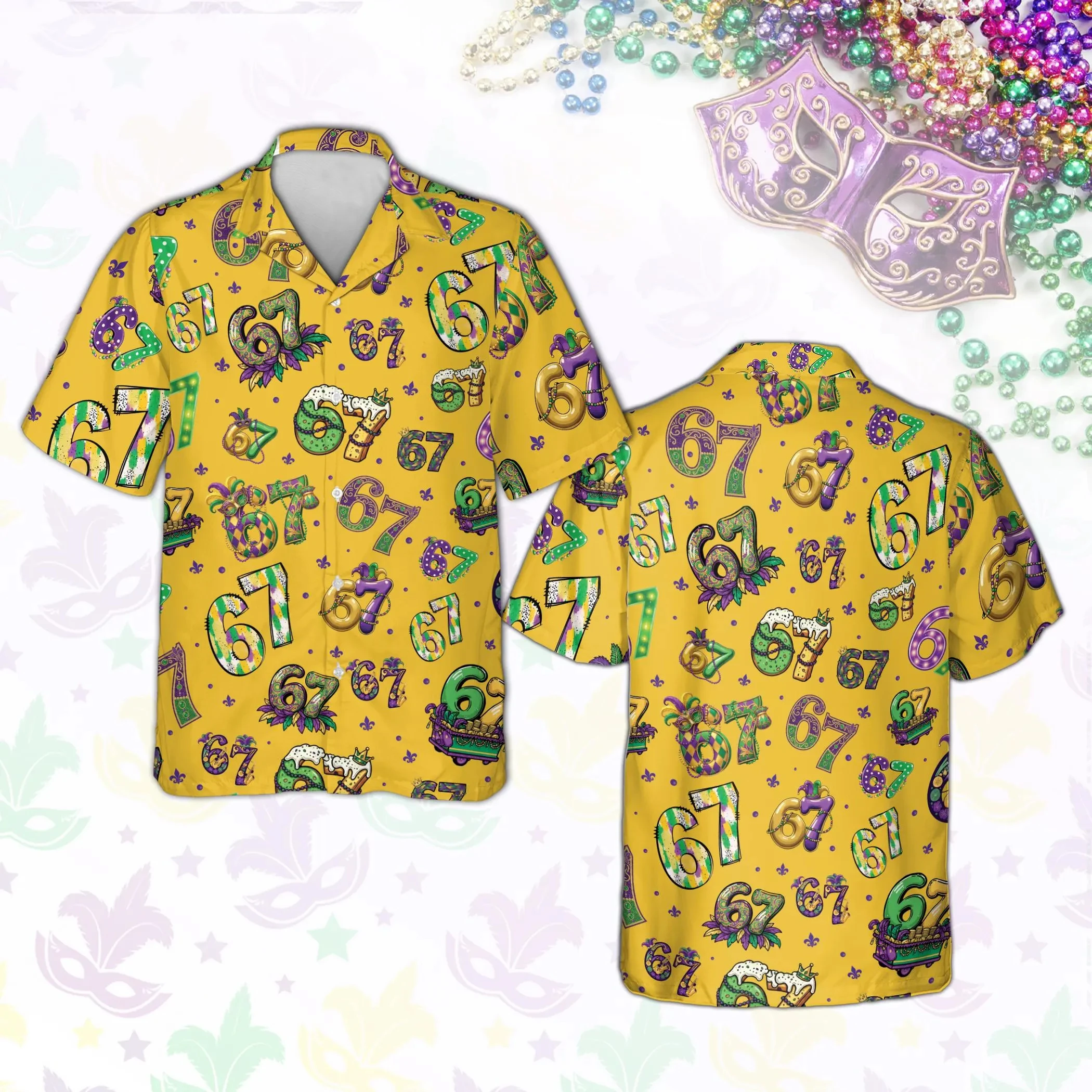 

Six Seven Mardi Gras Button Up, 67 Beads King Cake Hawaiian Shirt, NOLA Carnival Krewe Party Top, New Orleans Fat Tuesday Squad