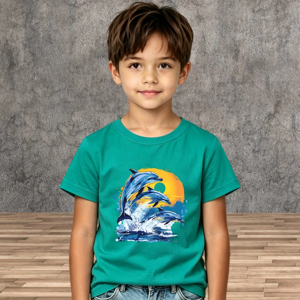 Children Summer Casual T-Shirt Boys Girls Dolphins Jumping Print Short Sleeve Ocean Tops