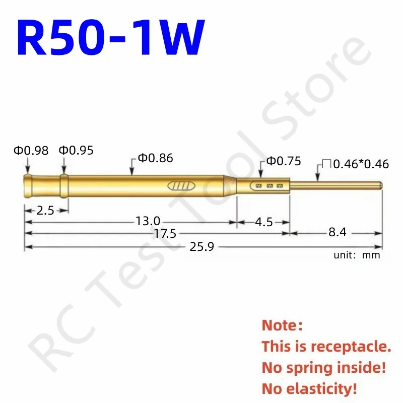 20/100PCS R50-1W Test Pin P50-B1 Receptacle Brass Tube Needle Sleeve Seat Wire-wrap Probe Sleeve Length 25.9mm Outer Dia 0.86mm