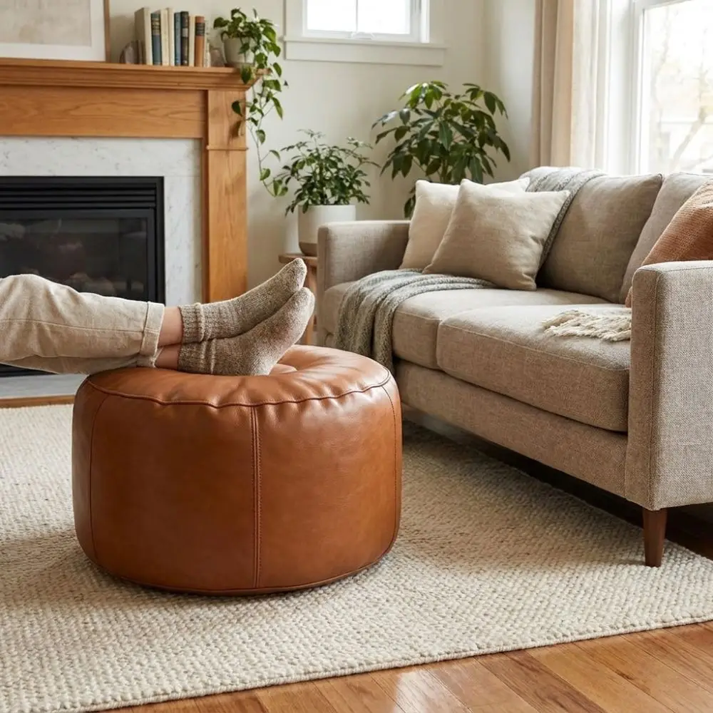 PU Leather Pumpkin Pouf Cover Minimalist Non-Slip Pouf Cover Unstuffed Large Capacity Sofa Stool Cover Old Clothes Storage